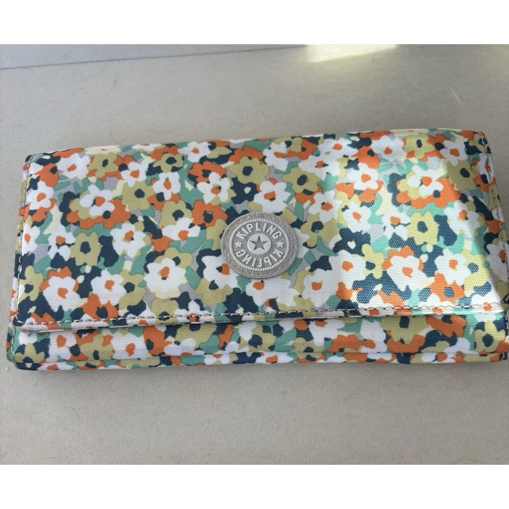 Kipling Long Trifold Wallet Snap Closure Zip Pocket Multicolored Floral 7.5”X4”